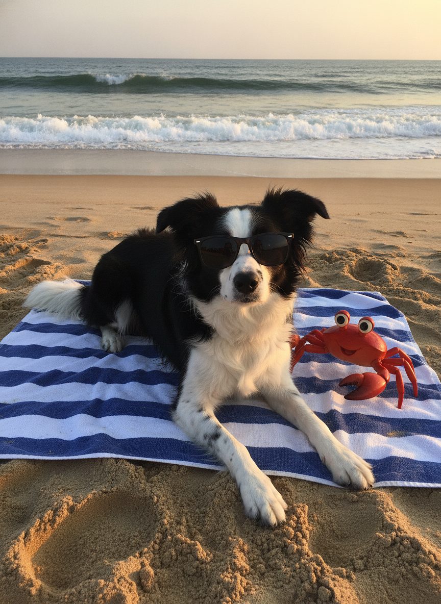 Lola in sunglasses on a striped beach towel — golden-hour photograph style