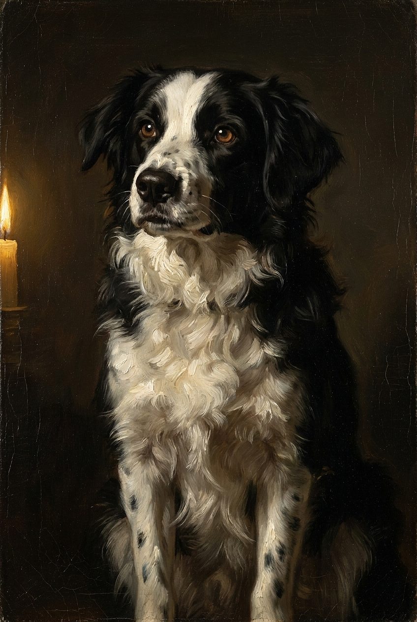 Lola painted in candlelit Dutch-master oils against a dark background