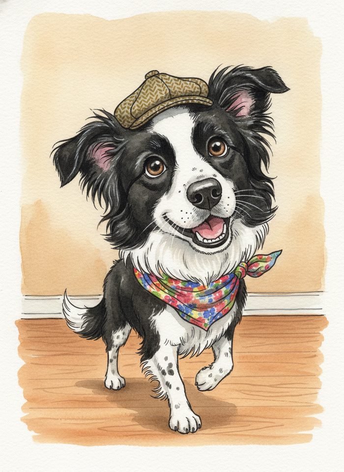 Lola as a gleeful hand-drawn caricature with an oversized head