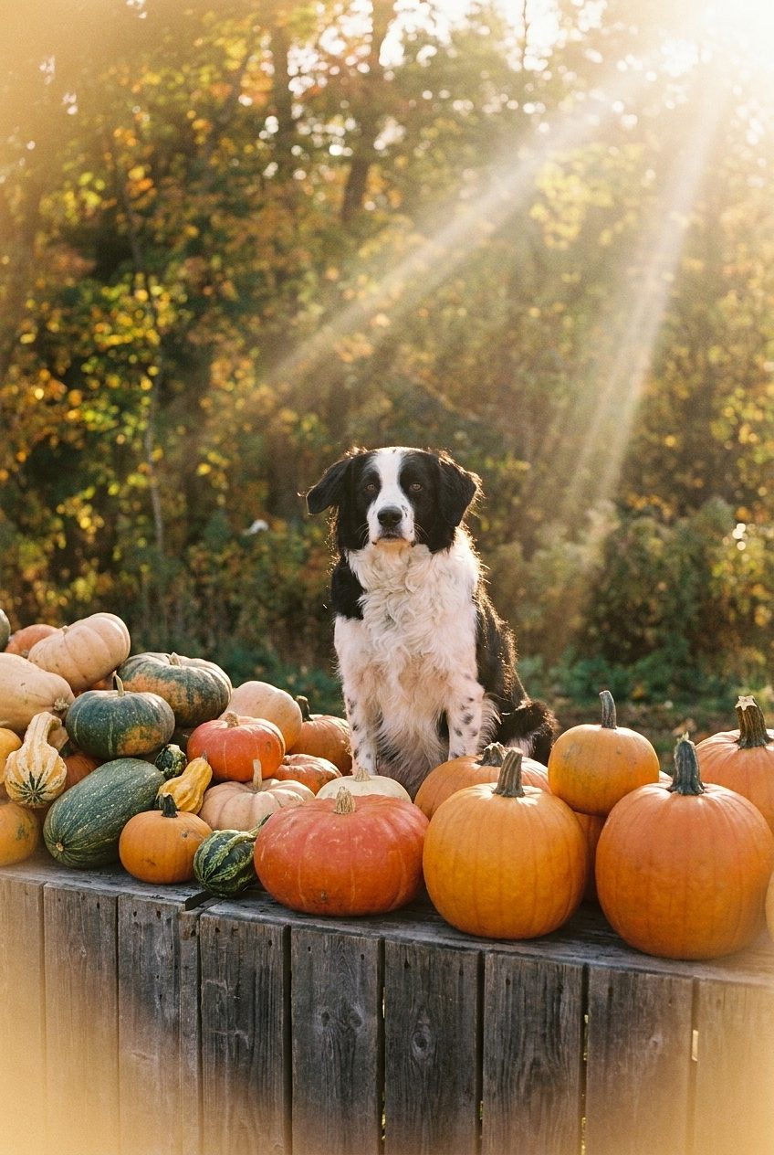 Lola presiding over a pumpkin stall in soft autumn sun rays