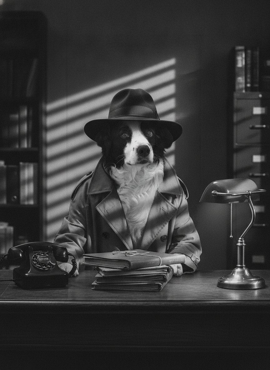 Lola in a trench coat and fedora — black-and-white film noir style