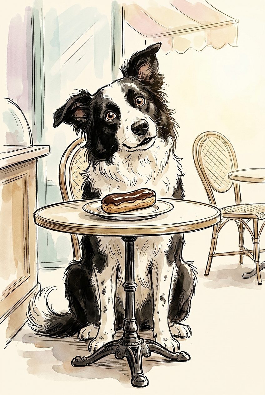 Lola delightedly eyeing an éclair at a Parisian café table — ink-and-wash sketch