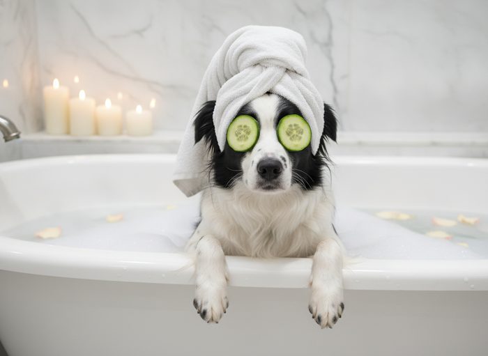 Lola at a luxury spa with a towel turban and cucumber slices — photograph style