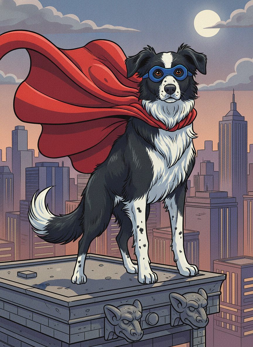 Lola as a caped superhero on a rooftop — comic-book style
