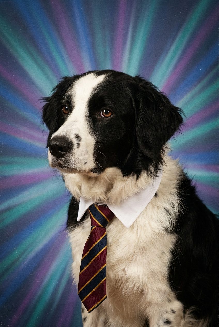 Lola in a crisp collar and striped school tie against a retro school-photo backdrop